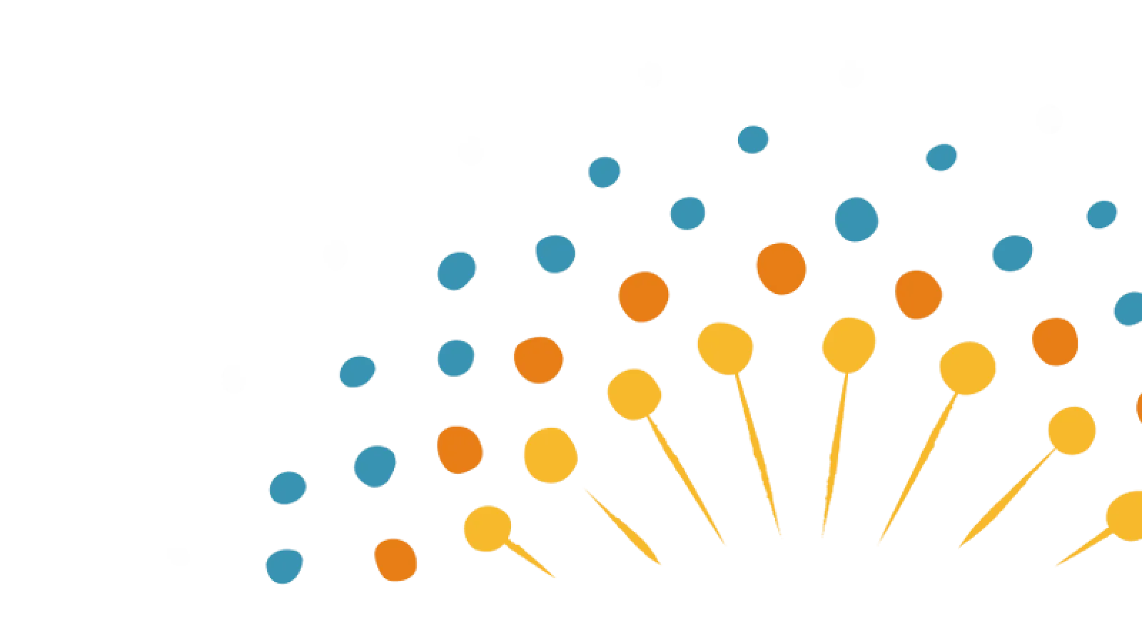 White, blue, orange and yellow polka dots in an semi circle shape. This represents the Alumni logo.