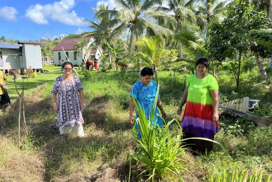 Three people in bright dresses plant grass in a rural Fijian village