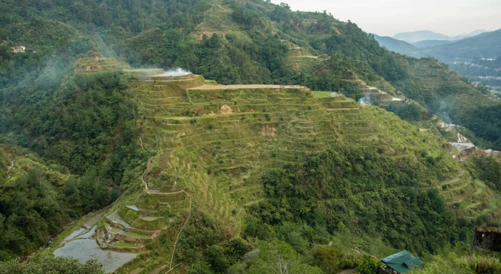 A mountain with rice paddies terraced down the side