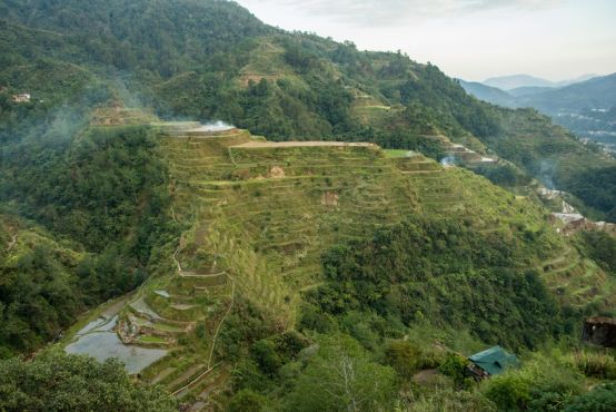 A mountain with rice paddies terraced down the side