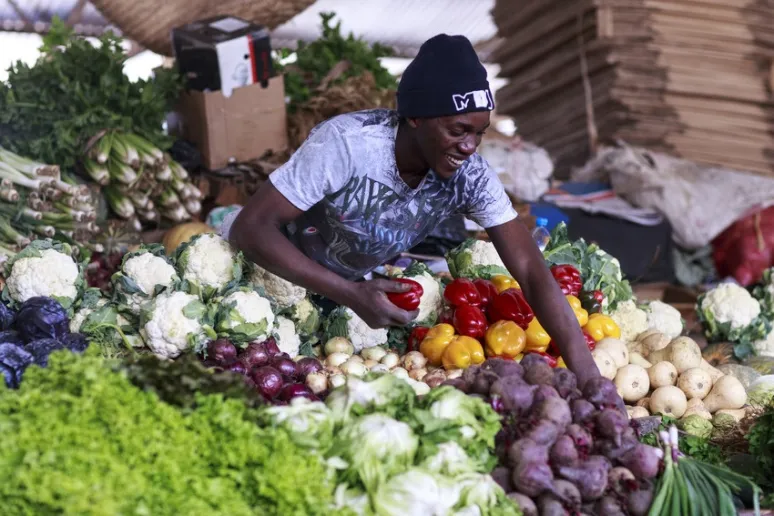 A Tanzanian woman sits in front of a huge array of vegetables at a market stall