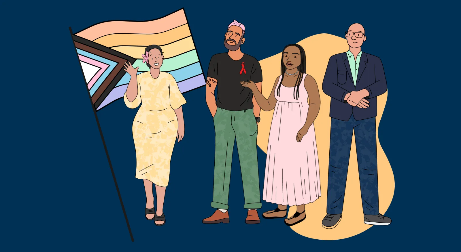 Decorative image. Illustration of a Progress Pride flag and peach coloured organic shape with four people standing in front of them: Patricia wearing a pale yellow Samoan dress, Beau wearing green trousers and a red HIV/AIDS ribbon, Mmasechaba wearing a pale pink dress, and David in a navy blue suit.
