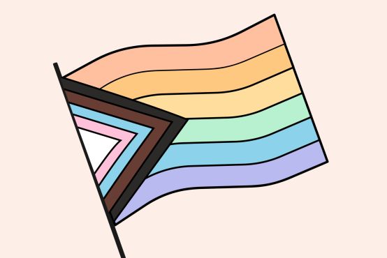 The Pride flag is shown against a pink background.
