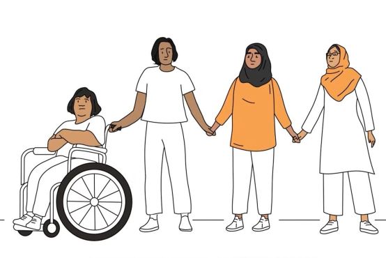 Four people stand in a line, holding hands. This is a cartoon still from the video.