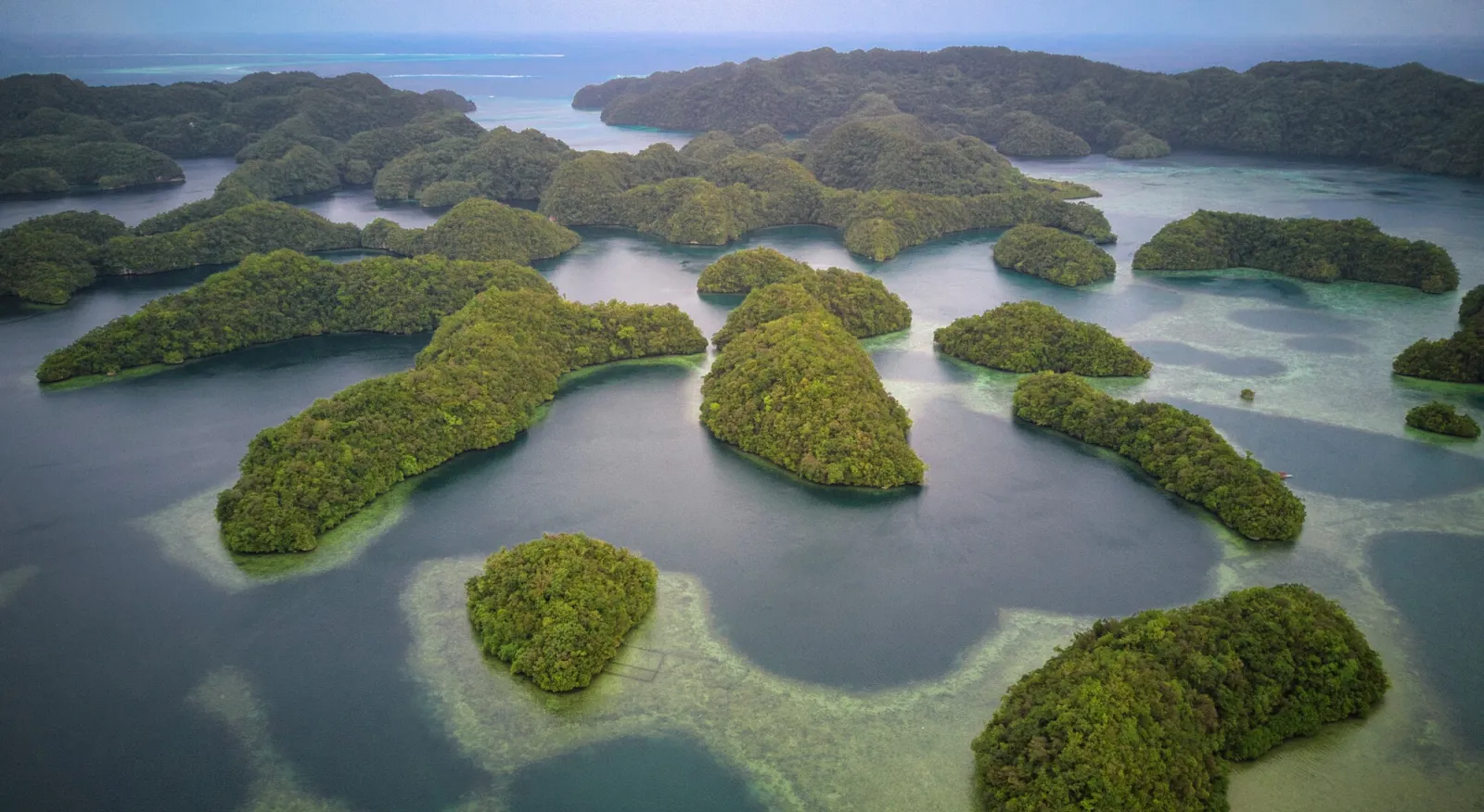A drone shot from Palau, over the area of Koror. There are many green islands separated by dark blue water.