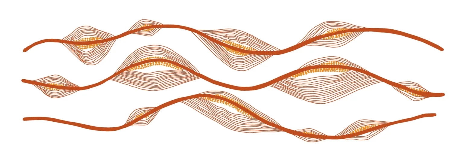 In this photo, the colour of the lines are a burnt orange, and symbolise three rivers.