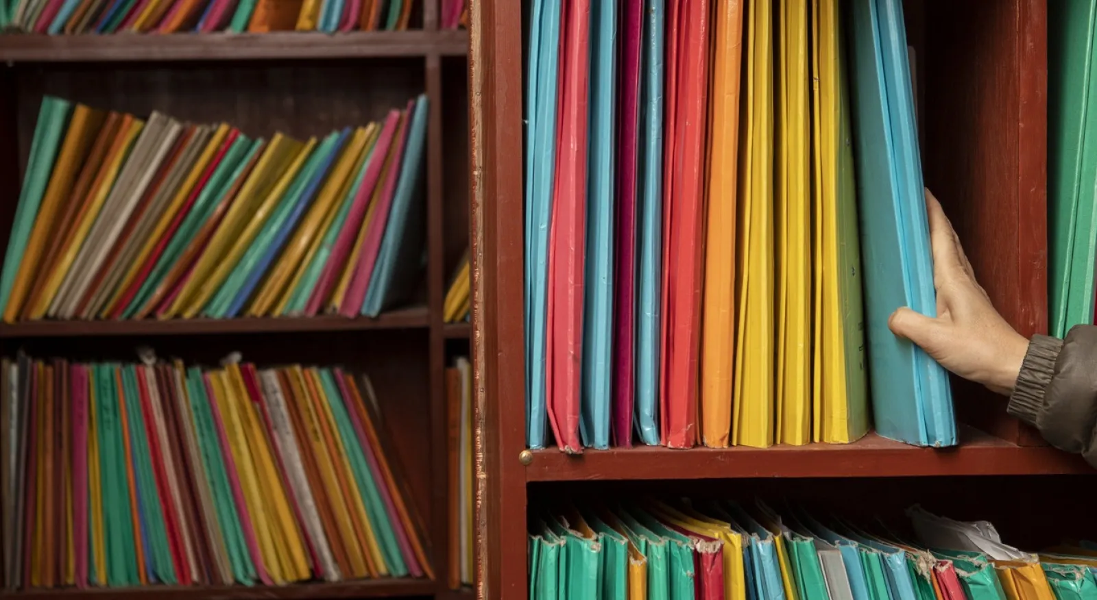 A bookshelf is filled with colourful files across a range of shelves