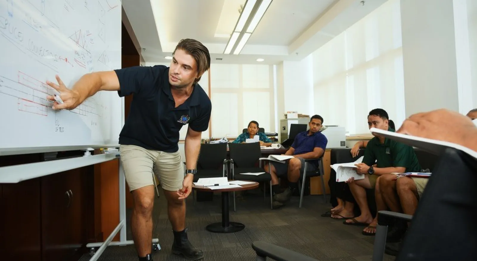 A man wearing a navy t-shirt, beige shorts and workers' boots candidly gestures at a whiteboard covered in diagrams and words, while at least six others watch on from seats opposite.