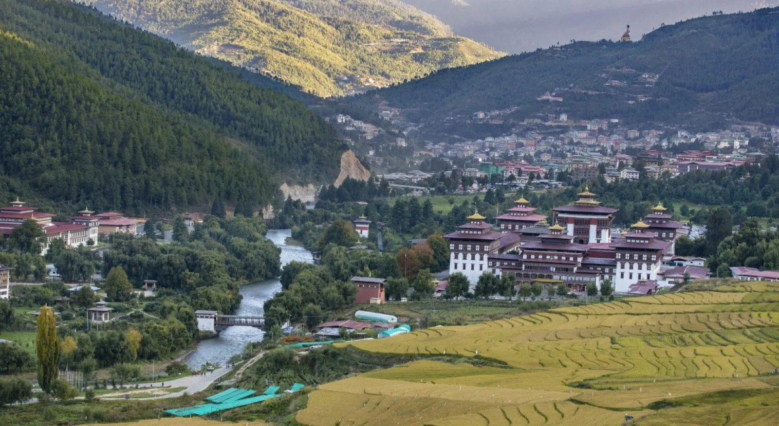 The view of Thimphu from the top of a mountain in Bhutan.