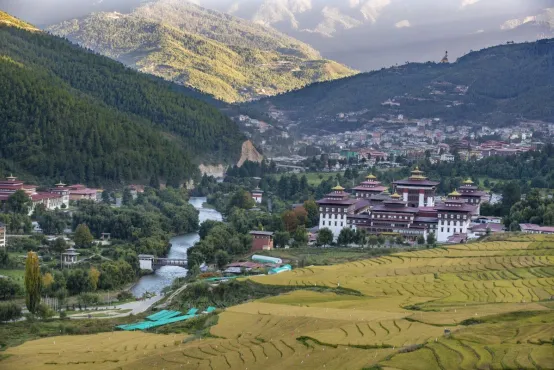 The view of Thimphu from the top of a mountain in Bhutan.