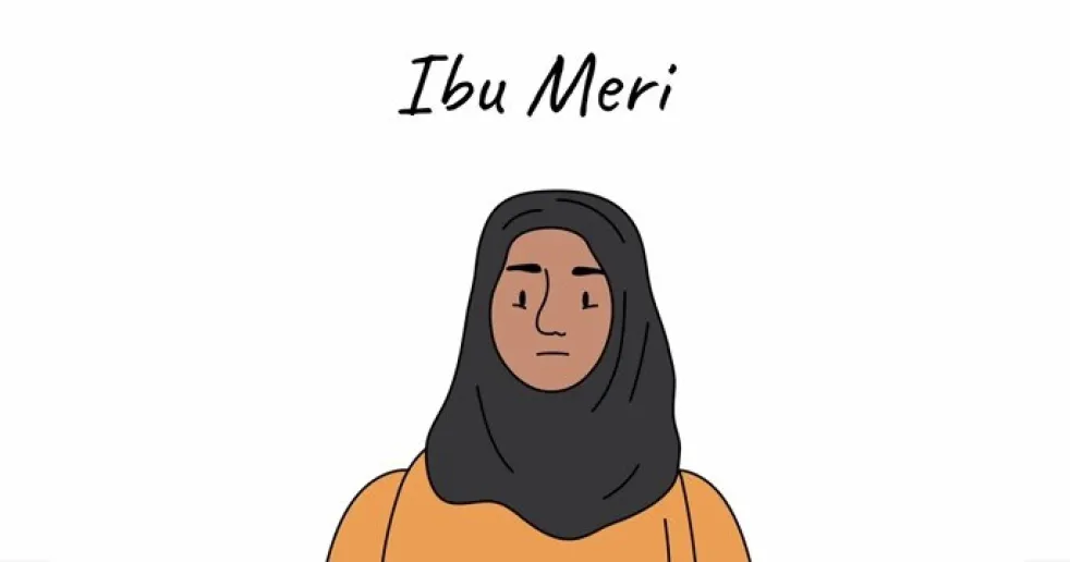 Illustration of a women in a yellow shirt and brown headscarf (Tundong) and text that reads Ibu Meri