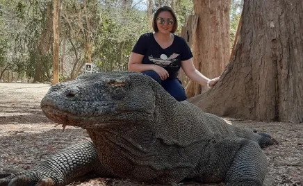 A woman stands behind a komodo dragon.