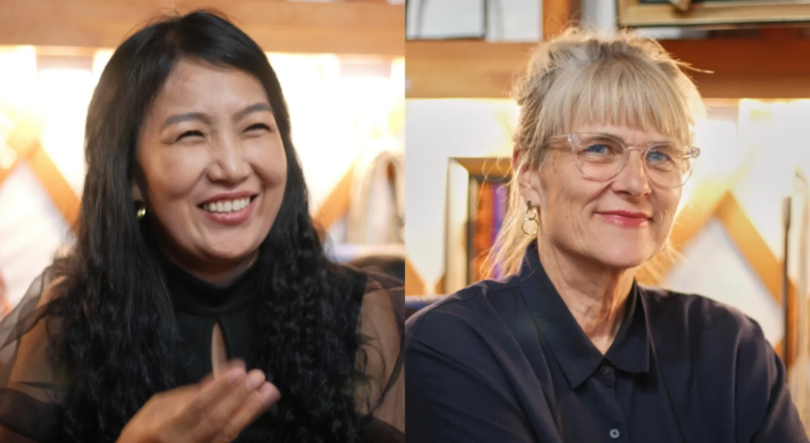 A composite photo made up of two separate portrait photos. On the left is a photo of a woman smiling as she signs with her right hand. On the right is a photo of a woman smiling directly into the camera.