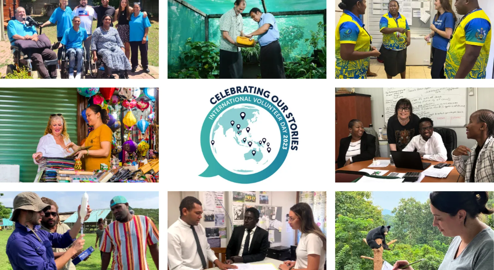 A collage of people working together in various settings and tasks, with an icon of a world map in the middle and the words 'Celebrating our stories, International Volunteer Day 2023'