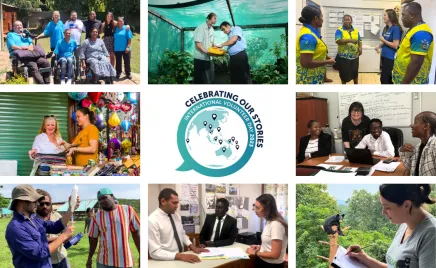 A collage of people working together in various settings and tasks, with an icon of a world map in the middle and the words 'Celebrating our stories, International Volunteer Day 2023'