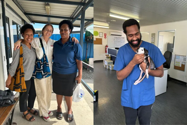 2 images. One on the left are 3 women smiling for a photo in front of their office after finishing work. The photo on the right is a vet in a blue shirt holding a small puppy.